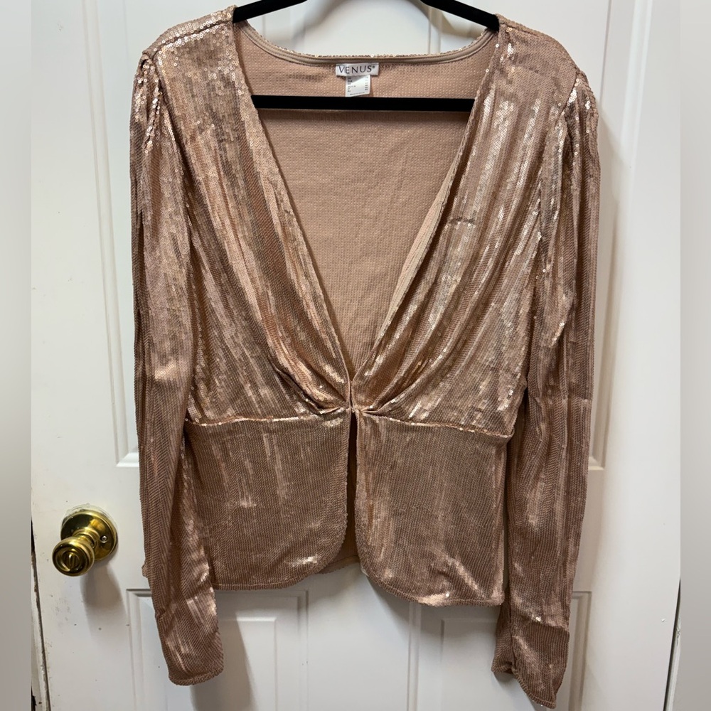 Peachy Gold Sequin Long-Sleeved Blouse